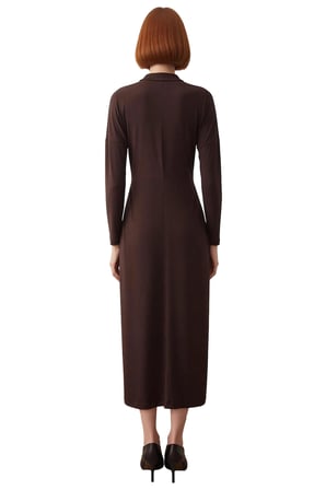 Kadın Dik Yaka Uzun Kollu Sandy Örme Bodycon Maxi Elbise Şık Toka Detaylı Günlük Kombinler İçin