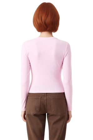 Kadın Pembe Viskon Ribana Dokulu Fitted Bisiklet Yaka Uzun Kollu Crop Bluz Günlük Kullanıma Uygun