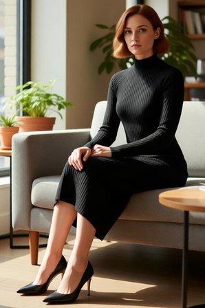 Kadın Midi Örme Elbise Bodycon Kalıbı Dik Yaka Uzun Standart Kol Yırtmaç Detaylı Düz Tasarım Kış