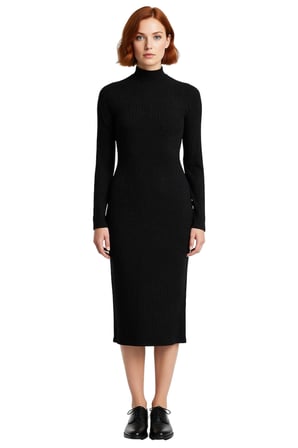 Kadın Midi Örme Elbise Bodycon Kalıbı Dik Yaka Uzun Standart Kol Yırtmaç Detaylı Düz Tasarım Kış