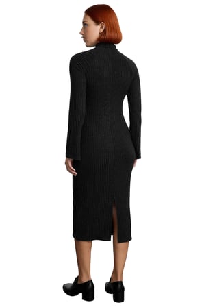 Kadın Midi Örme Elbise Bodycon Kalıbı Dik Yaka Uzun Standart Kol Yırtmaç Detaylı Düz Tasarım Kış