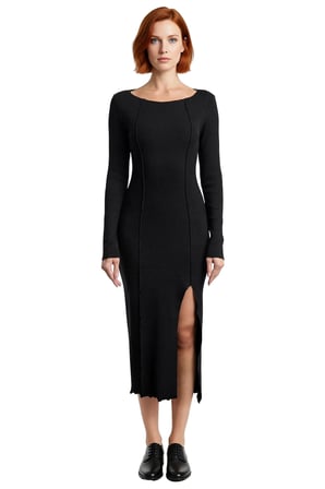 Kadın Örme Bodycon Elbise Midi Boy Kayık Yaka Uzun Kollu Yırtmaç Detaylı Günlük Şık Kombinler İçin