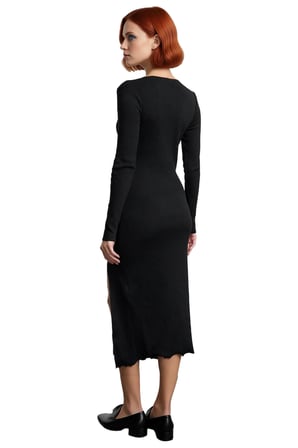 Kadın Örme Bodycon Elbise Midi Boy Kayık Yaka Uzun Kollu Yırtmaç Detaylı Günlük Şık Kombinler İçin