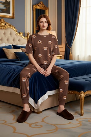 Ayıcık Desenli Bisiklet Yaka Pijama Takımı Kadın Fonksiyonel Dayanıklı Kaliteli Konforlu Şık