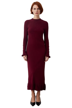 Kadın Bej Ribana Triko Maxi Elbise Eteği Fırfırlı İncili Düşük Kol Bisiklet Yaka Tasarımı Kaliteli