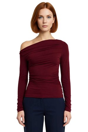 Kadın Bordo Asimetrik Yaka Büzgü Detaylı Fitted Uzun Kollu Esnek Örme Bluz Günlük Kullanım İçin