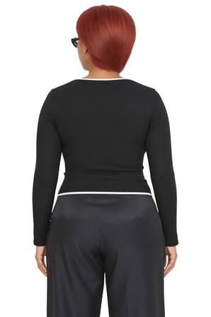 Kadın Fermuarlı Yaka Esnek Örme Bluz Vücuda Oturan Kontrast Biye Detaylı Uzun Kollu Crop Kesim