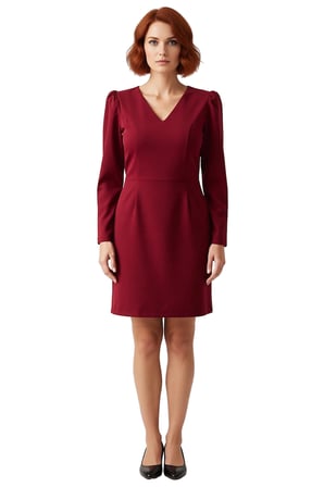 Kadın Bordo Bodycon V Yaka Balon Kol Uzun Kollu Dokuma Mini Elbise Büyük Beden Şık Günlük Kaliteli