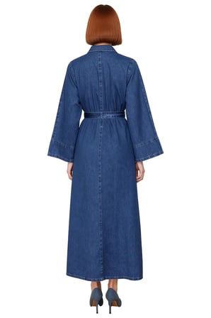 Kadın Kuşaklı Maxi Boy %100 Pamuk Denim Gömlek Elbise Uzun Melek Kol Yaka Casual Stil