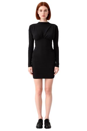 Kadın Siyah Bodycon Kalıp Dik Yaka Uzun Yarasa Kol Büzgü Detaylı Örme Sandy Mini Elbise Şıklığıyla