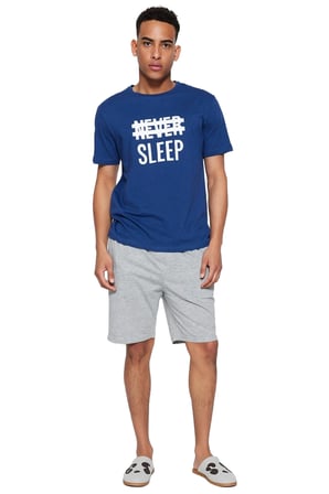 Erkek Slogan Baskılı Bisiklet Yaka Kısa Kollu Tişört ve Şort Pijama Takımı Fonksiyonel Şık