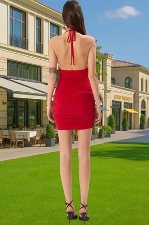 Kadın Kısa Abiye Elbise Degaje Yaka Bodycon Sandy Dokuma Yazlık Yaz Aylarının Vazgeçilmezi