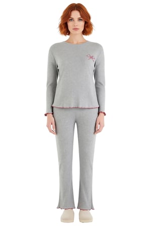 Kadın Nakışlı Bisiklet Yaka Uzun Kollu Pijama Takımı Fonksiyonel Dayanıklı Kaliteli Modern