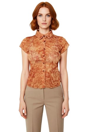 Şık Çiçek Desenli Tül Bluz Rahat Vücut Oturan Kısa Kollu Polyester Örme Günlük Kullanım İçin