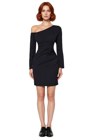 Kadınlar İçin Bodycon Asimetrik Yaka Drape Detaylı Uzun Kollu Kısa Şık Kokteyl Elbisesi Kaliteli