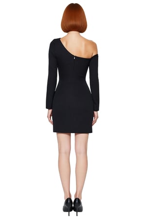 Kadınlar İçin Bodycon Asimetrik Yaka Drape Detaylı Uzun Kollu Kısa Şık Kokteyl Elbisesi Kaliteli
