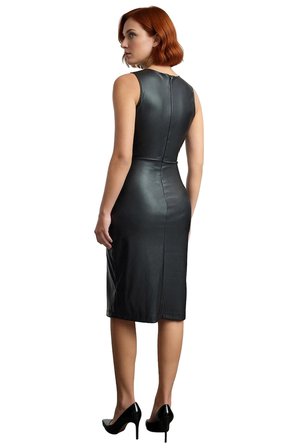 Kadın Bodycon Kesim Suni Deri Kruvaze Midi Elbise Bisiklet Yaka Kolsuz Tasarım Şık Gece Kombinleri