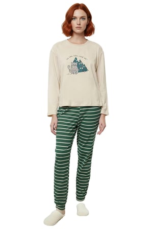 Kadın Kışlık Pijama Takımı %100 Pamuk Çizgili Rahat Premium Kalite Kaliteli İşçilik