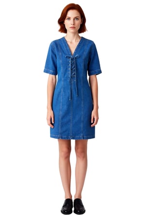 Kadın A Line Denim Mini Elbise Kuşgözü Bağlama Detaylı Kısa Kol %100 Pamuk Günlük Şıklık Kaliteli