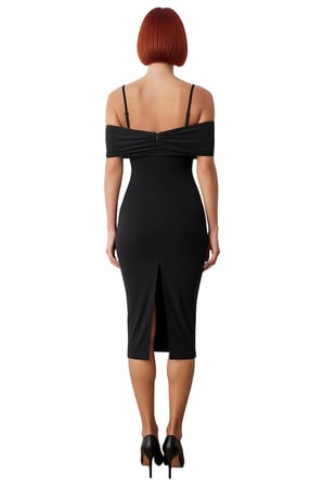 Kadın Bodycon Düz Carmen Yaka Midi Elbise Şık Askılı Örme Kumaş Kokteyl Partileri İçin İdeal
