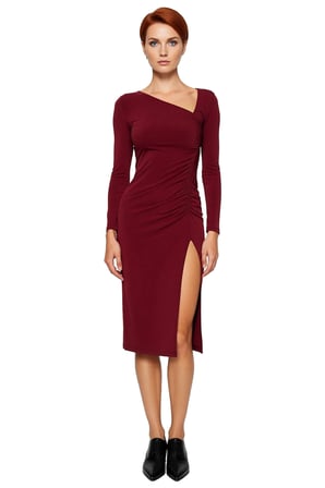 Kadın Bodycon Uzun Kollu Asimetrik Yaka Yırtmaçlı Midi Örme Elbise Özel Günler İçin Şık Ve Modern