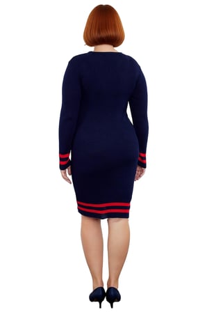 Kadın Bodycon Kesim Fitilli Triko Kazak Elbise Çizgili Detaylı Bisiklet Yaka Uzun Kollu Stil