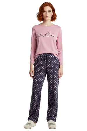 Kedi Kalp Atışı Baskılı Bisiklet Yaka Pijama Takımı Kadın Fonksiyonel Dayanıklı Kaliteli Şık
