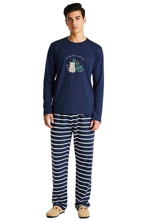 Erkek Yılbaşı Temalı Bisiklet Yaka Pijama Takımı Fonksiyonel Dayanıklı Kaliteli Konforlu Şık