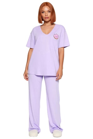Kadın Lila Baskılı Cep Detaylı V Yaka Kısa Kollu Pijama Takımı Fonksiyonel Dayanıklı Rahat