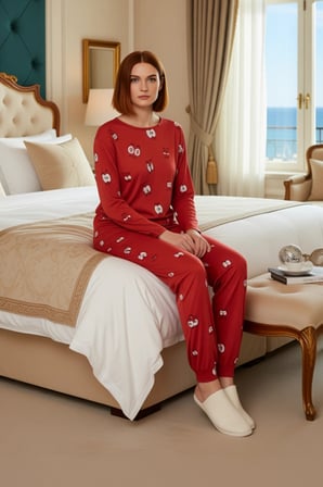 Kadın Göz Baskılı Bisiklet Yaka Uzun Kollu Pijama Takımı Fonksiyonel Dayanıklı Kaliteli Şık