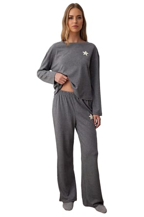 Kadın Antrasit Yıldız Nakışlı Bisiklet Yaka Pijama Takımı Fonksiyonel Dayanıklı Kaliteli Şık