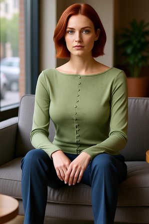 Kadın Fitted Bisiklet Yaka Uzun Kollu Düğmeli Haki Renk Esnek Dokuma Bluz Günlük Kış Modası İçin
