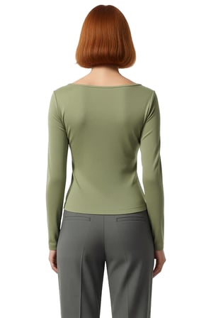 Kadın Fitted Bisiklet Yaka Uzun Kollu Düğmeli Haki Renk Esnek Dokuma Bluz Günlük Kış Modası İçin
