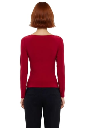Kadın Bordo Kayık Yaka Drapeli Fitted Esnek Örme Uzun Kollu Bluz Smart Casual Günlük ve Gece