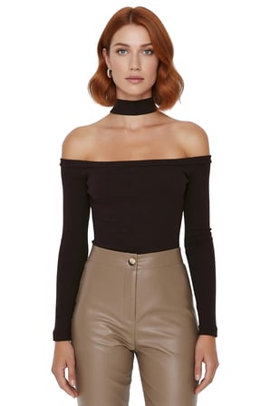 Kadın Fitted Bordo Örme Bluz Choker Yaka Düşük Kol Uzun Kollu Crop Kesim Günlük Kullanıma Uygun