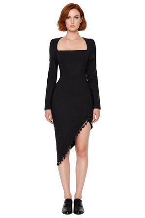 Kadın Siyah Bodycon Kare Yaka Uzun Kollu Midi Abiye Elbise Taş Aksesuarlı Şık Kokteyl ve Gece Stili