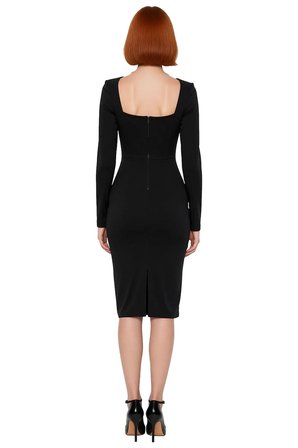 Kadın Siyah Bodycon Kare Yaka Uzun Kollu Midi Abiye Elbise Taş Aksesuarlı Şık Kokteyl ve Gece Stili