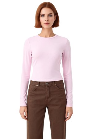 Kadın Pembe Viskon Ribana Dokulu Fitted Bisiklet Yaka Uzun Kollu Crop Bluz Günlük Kullanıma Uygun