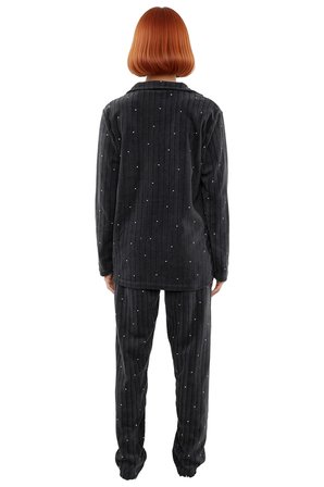 Kadın Antrasit Puantiyeli Hayvan Baskılı Polar Pijama Takımı Fonksiyonel Dayanıklı Estetik