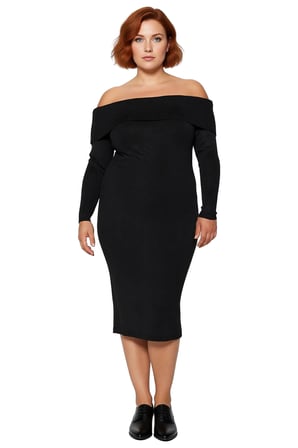 Kadın Bodycon Kesim Carmen Yaka Düz Uzun Kollu Triko Midi Elbise Kış Aylarının Şık Ve Rahat Gündüz