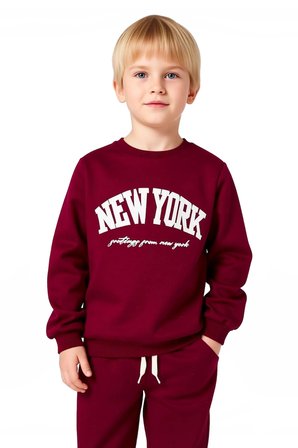 Kız Çocuk Alt-Üst Pamuklu New York Baskılı Bisiklet Yaka Sweatshirt ve Eşofman Takımı Kaliteli Şık