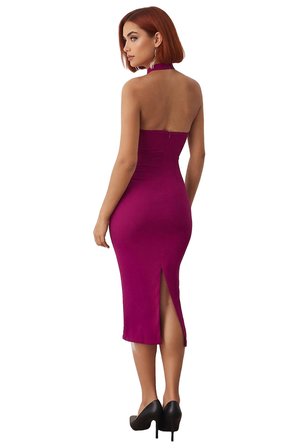 Kadın Vücudu Saran Bodycon Midi Elbise Kalın Askılı Kare Yaka Taş Detaylı Şık Gece Kokteyl