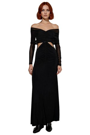 Kadın Siyah Bodycon Kayık Yaka Maxi Uzun Kol Cut Out Detaylı Şık Abiye Elbise Mezuniyet Baloları