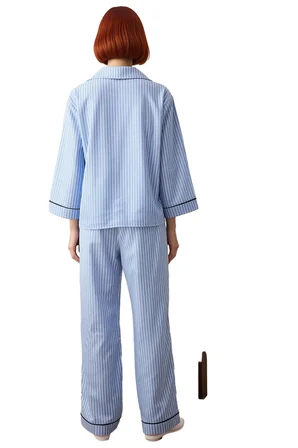 Kadın Çizgili Poplin Pijama Takımı Gömlek Yaka Uzun Kollu Fonksiyonel Dayanıklı Kaliteli Şık