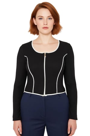 Kadın Fermuarlı Yaka Esnek Örme Bluz Vücuda Oturan Kontrast Biye Detaylı Uzun Kollu Crop Kesim
