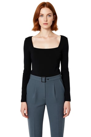 Kadın Gri Kare Yaka Fitted Uzun Kollu Pamuklu Bluz Günlük Kullanım İçin Cool & Comfort Özellikli