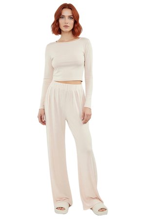 Kadın Viskon Örme Pijama Takımı Rahat Geniş Paça Yüksek Bel Kaliteli İşçilik