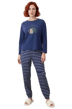 Kadın Kışlık Pijama Takımı %100 Pamuk Çizgili Rahat Premium Kalite Kaliteli İşçilik