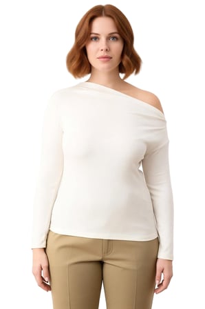 Kadın Ekru Viskon Ribana Örme Bluz Asimetrik Yaka Cool & Comfort Stiliyle İlkbahar Sonbahar Günlük