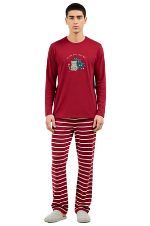 Erkek Yılbaşı Temalı Bisiklet Yaka Pijama Takımı Fonksiyonel Dayanıklı Kaliteli Konforlu Şık